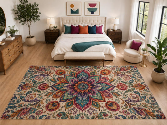 ICE ARMOR "Ultra Light Weight Large 6'7" x 9'10" Boho Floral Mandala Rug, Soft Low Pile Indoor Rug, Non-Slip Silicone Backing for Bedroom Beige