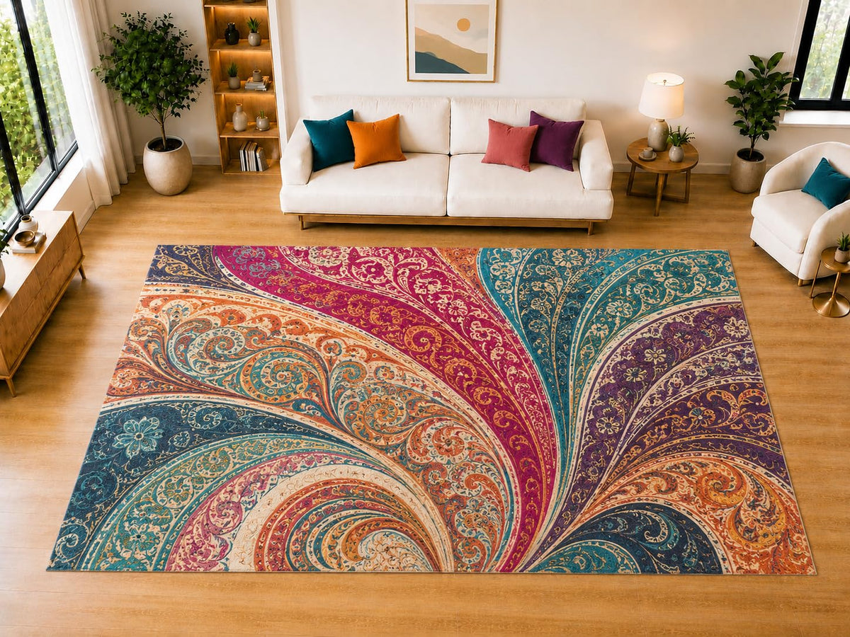 ICE ARMOR "Ultra Light Weight Large 6'7" x 9'10" Paisley Swirl Area Rug for Living Room Bedroom Dining Room, Soft Low Pile Non-Slip Backing, Teal Pink Orange Purple Decor