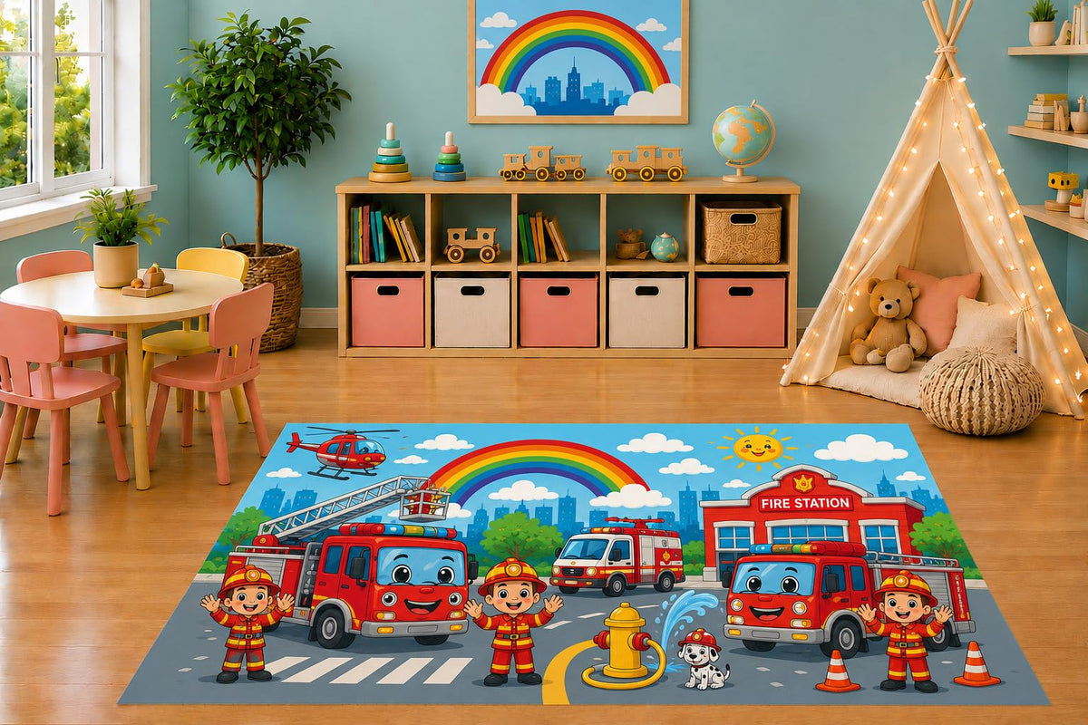 ICE ARMOR 5' x 7' Firefighter Rescue Team Area Rug, Cute Fire Trucks Fire Station Rainbow Community Helpers Kids Playroom Classroom Bedroom Decor, Non-Slip Silicone Backing Low Pile