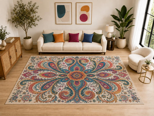 ICE ARMOR "Ultra Light Weight Large 6'7" x 9'10" Boho Paisley Medallion Rug, Soft Low Pile Indoor Rug, Non-Slip Silicone Backing for Office Beige
