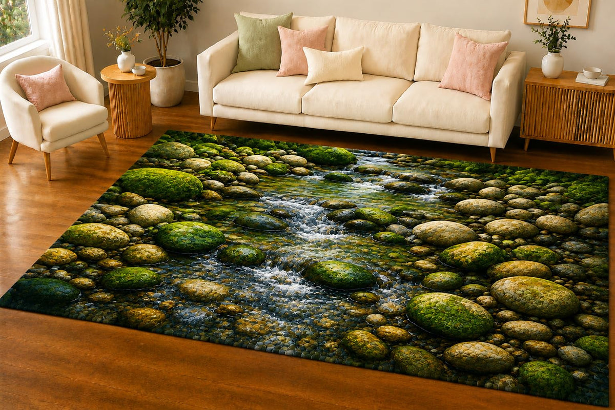 ICE ARMOR 5' x 7' Rocky Forest Stream Area Rug, Soft Low Pile Indoor Rug with Non-Slip Silicone Backing, Nature Carpet for Living Room, Bedroom, Office, Family Room, Moss Green