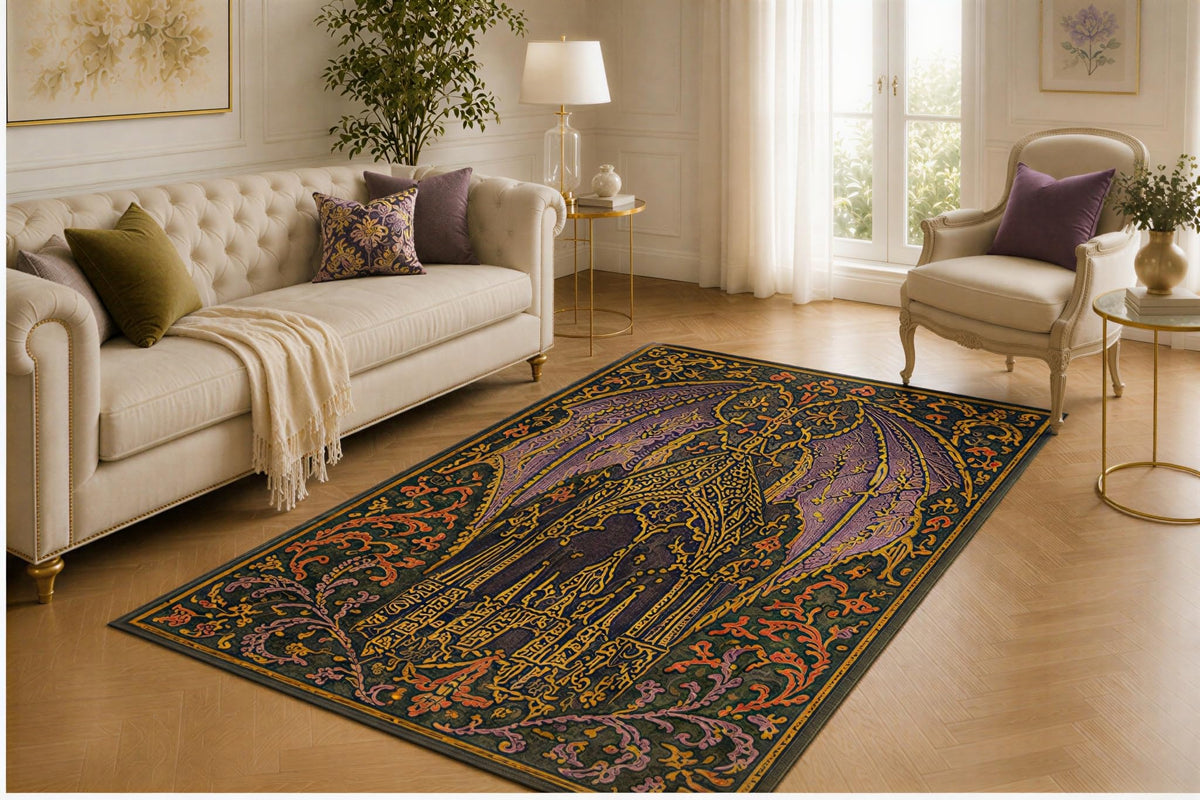 ICE ARMOR 5' x 7' Gothic Dragon Rug, Winged Guardian, Cathedral Towers and Ornate Botanical Design, Smooth Printed Floor Cover for Bedroom, Library, Game Room and Medieval Fantasy Decor