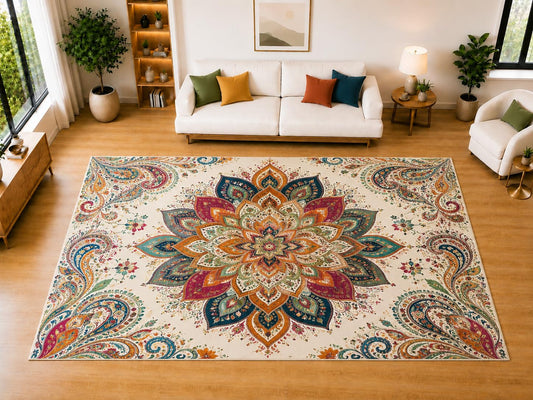ICE ARMOR "Ultra Light Weight Large 6'7" x 9'10" Boho Paisley Blossom Area Rug for Living Room, Bedroom, Dining Room, Soft Low Pile Non-Slip Backing, Ivory Orange Teal Magenta