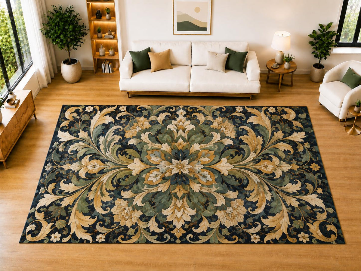 ICE ARMOR "Ultra Light Weight Large 6'7" x 9'10" Baroque Botanical Medallion Area Rug for Living Room, Bedroom, Dining Room, Soft Low Pile Non-Slip Backing, Navy Sage Cream