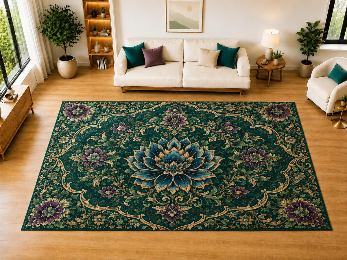 ICE ARMOR "Ultra Light Weight Large 6'7" x 9'10" Emerald Lotus Scroll Area Rug for Living Room, Bedroom, Dining Room, Soft Low Pile Non-Slip Backing, Emerald Teal Purple