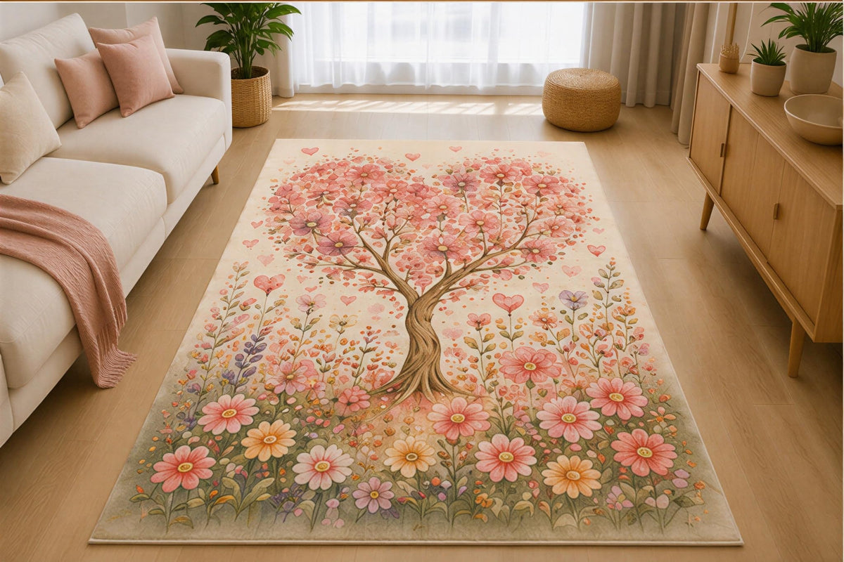 ICE ARMOR 5' x 7' Botanical Heart Blossom Area Rug for Living Room, Soft Low Pile Indoor Rug with Non-Slip Silicone Backing, Decorative Floral Carpet for Bedroom, Family Room, Office, Cream Pink