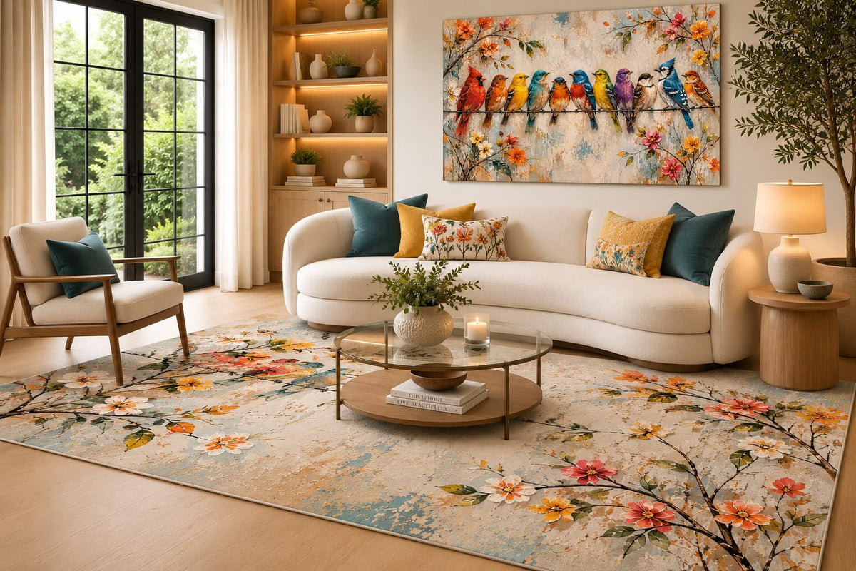 ICE ARMOR 6'7" x 9'10" Orange, Coral and Blue Floral Bird Garden Area Rug for Living Room, Soft Low Pile Carpet with Non-Slip Backing for Bedroom, Dining Room and Office