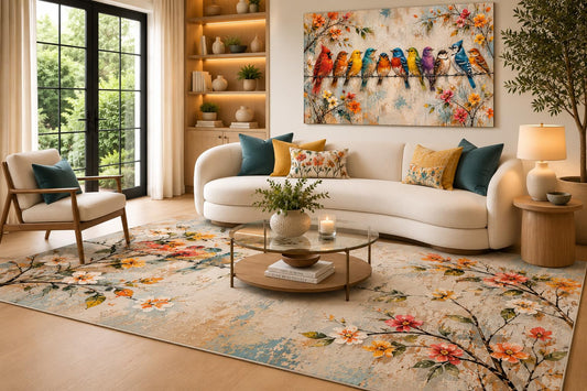 ICE ARMOR 6'7" x 9'10" Orange, Coral and Blue Floral Bird Garden Area Rug for Living Room, Soft Low Pile Carpet with Non-Slip Backing for Bedroom, Dining Room and Office