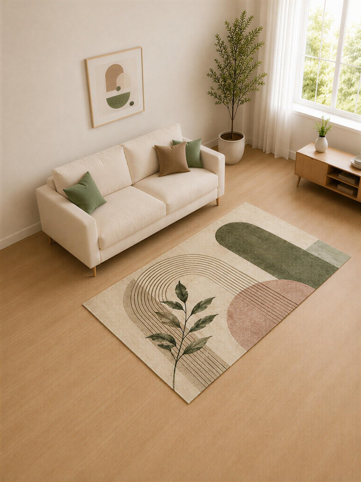 ICE ARMOR 5' x 7' Olive Green and Blush Abstract Arch Area Rug for Living Room, Soft Low Pile Carpet with Non-Slip Silicone Backing, Decor for Bedroom and Home Office