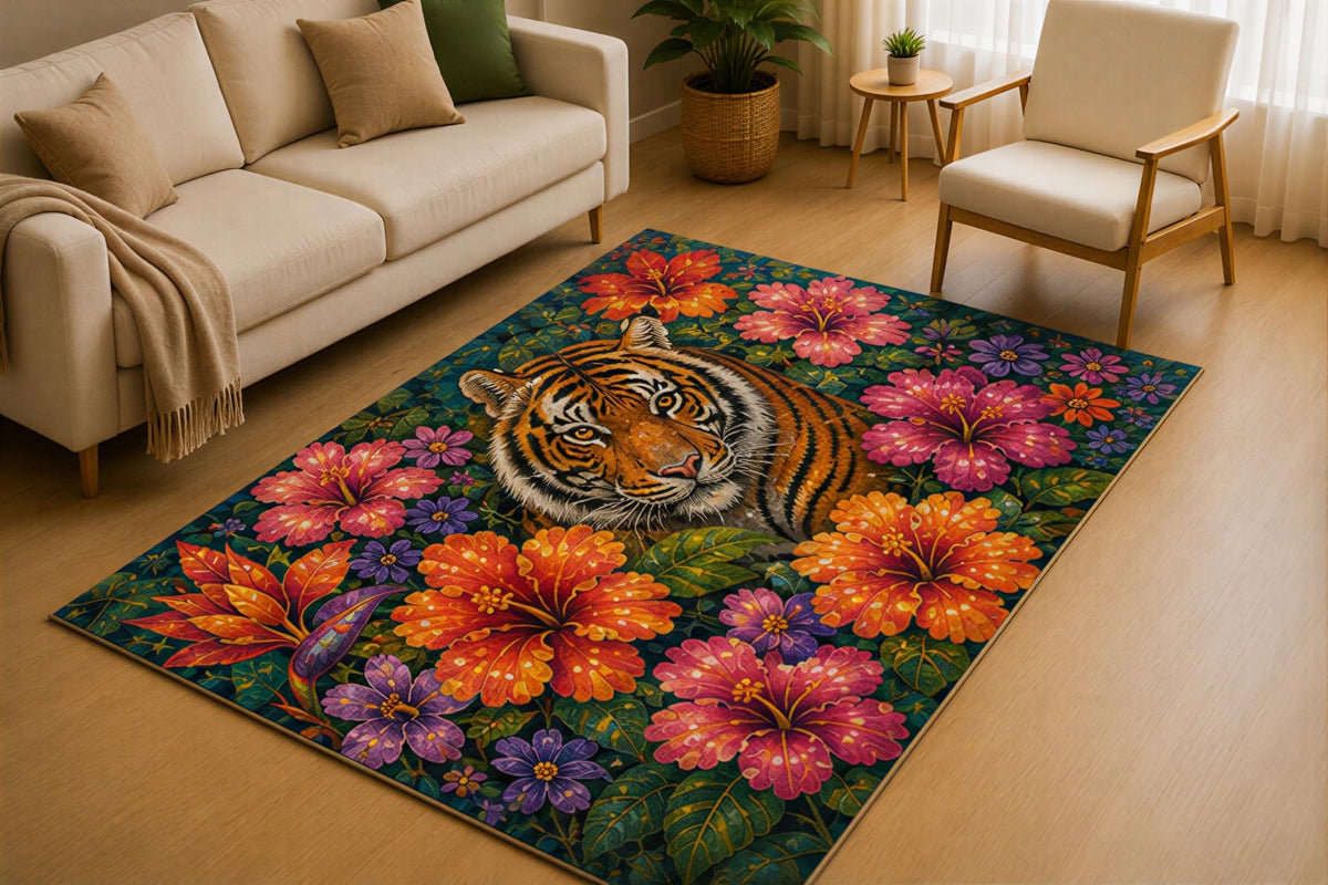 ICE ARMOR 5' x 7' Floral Tiger Area Rug for Living Room, Soft Low Pile Indoor Rug with Non-Slip Silicone Backing, Carpet for Bedroom, Office, Family Room, Orange Pink