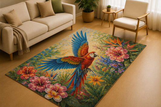 ICE ARMOR 5' x 7' Scarlet Macaw Tropical Floral Area Rug for Living Room, Soft Low Pile Indoor Rug with Non-Slip Silicone Backing, Botanical Carpet for Bedroom, Family Room, Kids & Pets, Red Blue