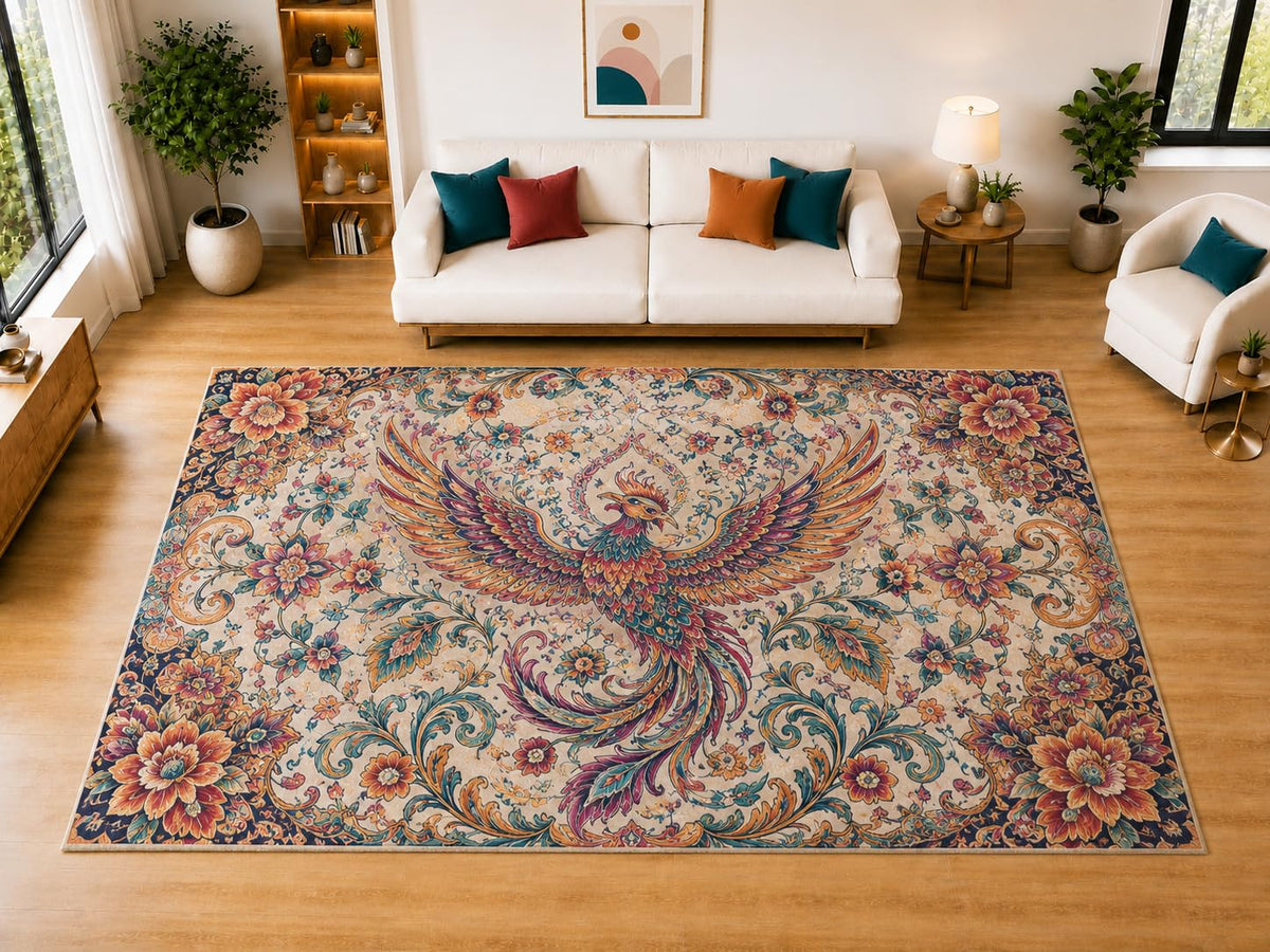 ICE ARMOR "Ultra Light Weight Large 6'7" x 9'10" Phoenix Floral Paisley Area Rug for Living Room, Bedroom, Dining Room, Soft Low Pile Non-Slip Backing, Teal Orange Burgundy