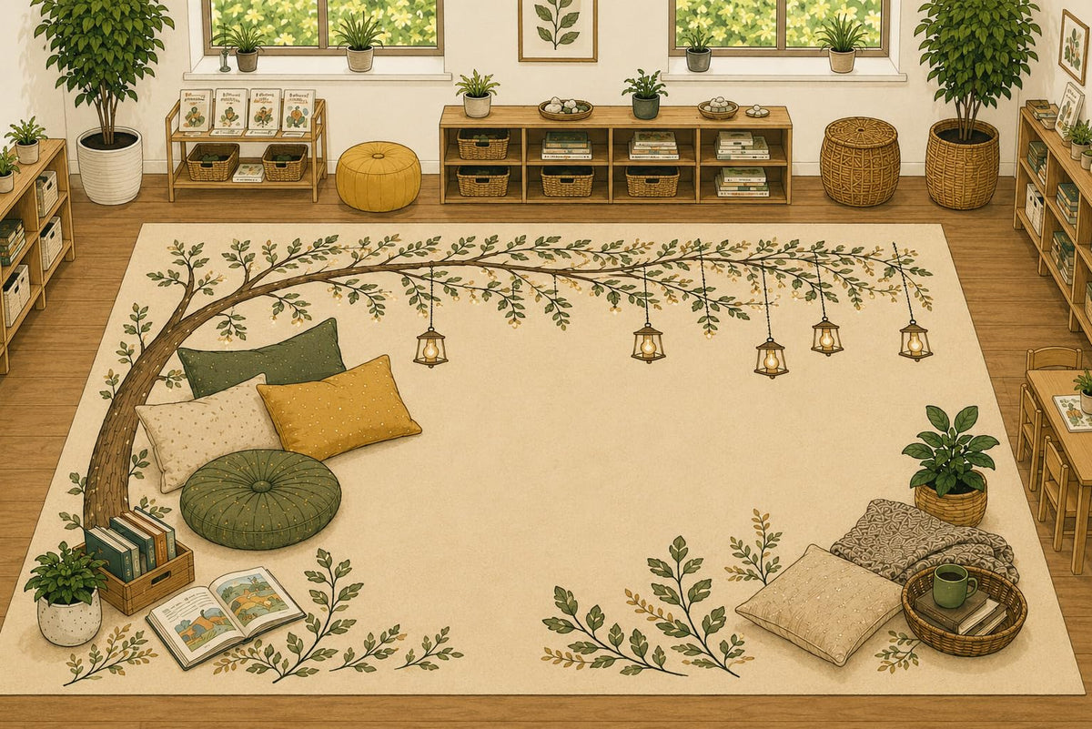 ICE ARMOR Large 6'7" x 9'10" Botanical Reading Nook Area Rug, Soft Low Pile Indoor Rug with Non-Slip Silicone Backing for Living Room, Nursery, Beige