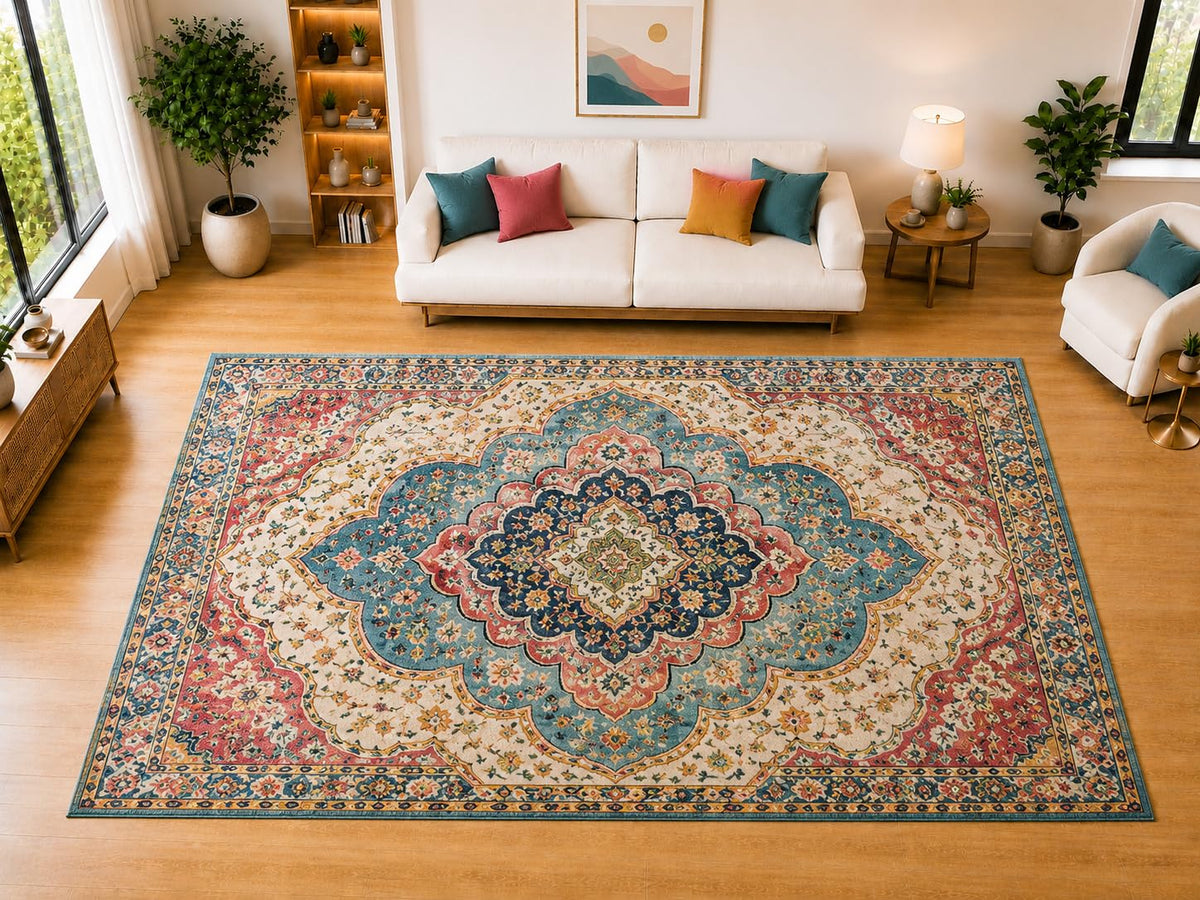ICE ARMOR "Ultra Light Weight Large 6'7" x 9'10" Scalloped Floral Medallion Area Rug for Living Room Bedroom Dining Room, Soft Low Pile Non-Slip Backing, Aqua Coral Navy Cream Traditional Decor
