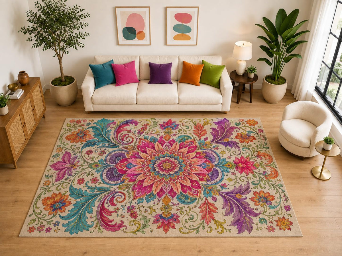 ICE ARMOR "Ultra Light Weight Large 6'7" x 9'10" Boho Floral Mandala Rug, Soft Low Pile Indoor Rug, Non-Slip Silicone Backing for Bedroom Beige
