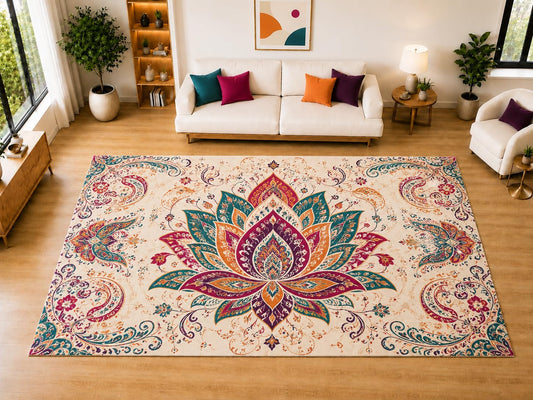 ICE ARMOR "Ultra Light Weight Large 6'7" x 9'10" Jewel Lotus Paisley Area Rug for Living Room, Bedroom, Dining Room, Soft Low Pile Non-Slip Backing, Teal Magenta Orange