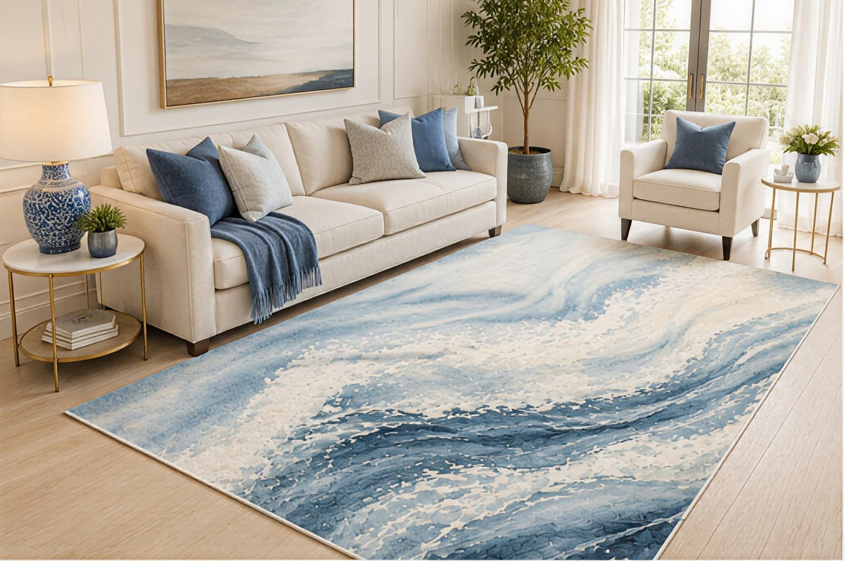ICE ARMOR 5' x 7' Abstract Ocean Wave Area Rug, Blue Coastal Watercolor Modern Design for Living Room Bedroom Office, Non-Slip Silicone Backing, Low Pile Carpet