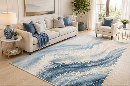 ICE ARMOR 5' x 7' Abstract Ocean Wave Area Rug, Blue Coastal Watercolor Modern Design for Living Room Bedroom Office, Non-Slip Silicone Backing, Low Pile Carpet