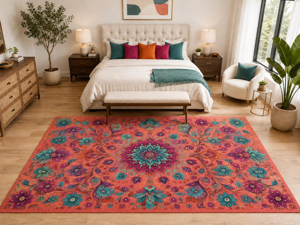 ICE ARMOR "Ultra Light Weight Large 6'7" x 9'10" Boho Floral Mandala Rug, Soft Low Pile Indoor Rug, Non-Slip Silicone Backing for Bedroom Coral