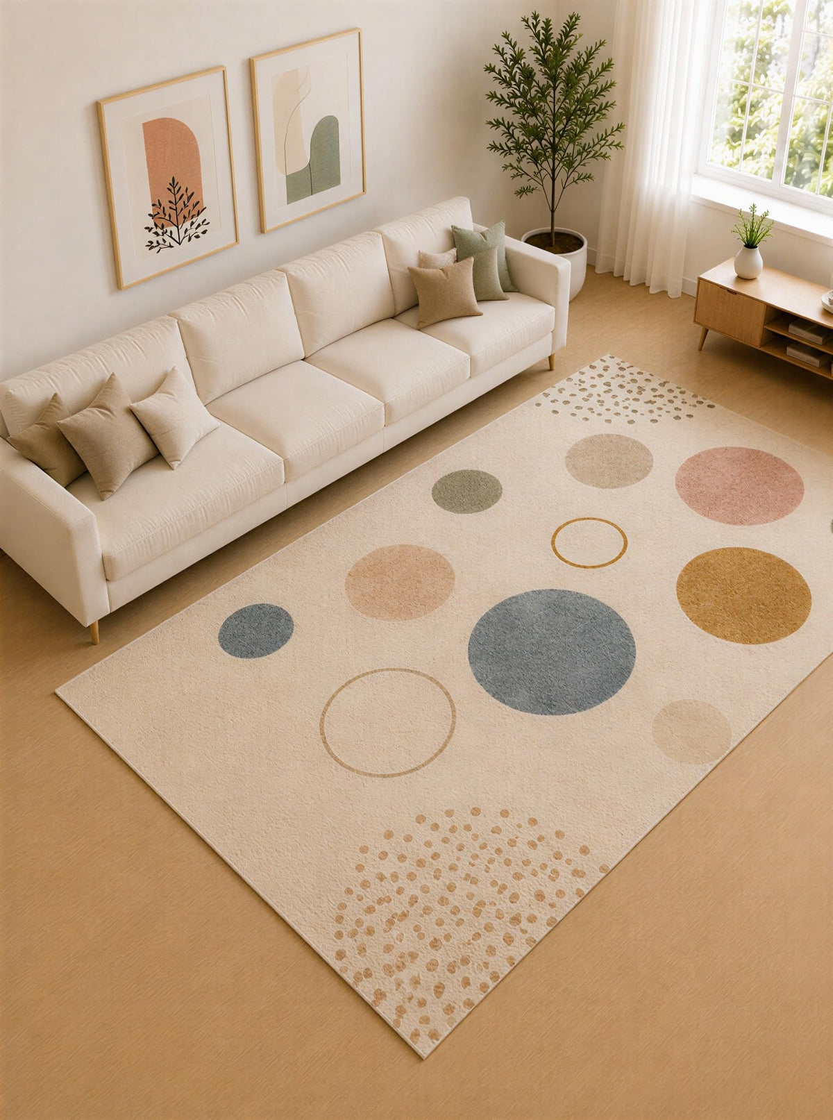 ICE ARMOR Large 6'7" x 9'10" Blush Pink and Blue Circle Harmony Area Rug for Living Room, Soft Low Pile Carpet with Non-Slip Silicone Backing, Decor for Bedroom and Home Office