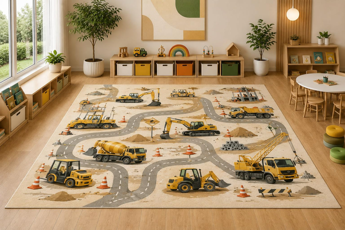 ICE ARMOR Large 6'7" x 9'10" Construction Road Trucks Area Rug, Soft Low Pile Indoor Rug with Non-Slip Silicone Backing for Kids Room Playroom, Beige