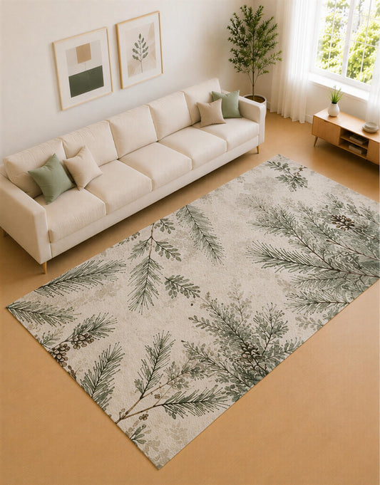 ICE ARMOR Large 6'7" x 9'10" Forest Green and Ivory Evergreen Border Area Rug for Living Room, Soft Low Pile Carpet with Non-Slip Silicone Backing, Decor for Bedroom and Home Office