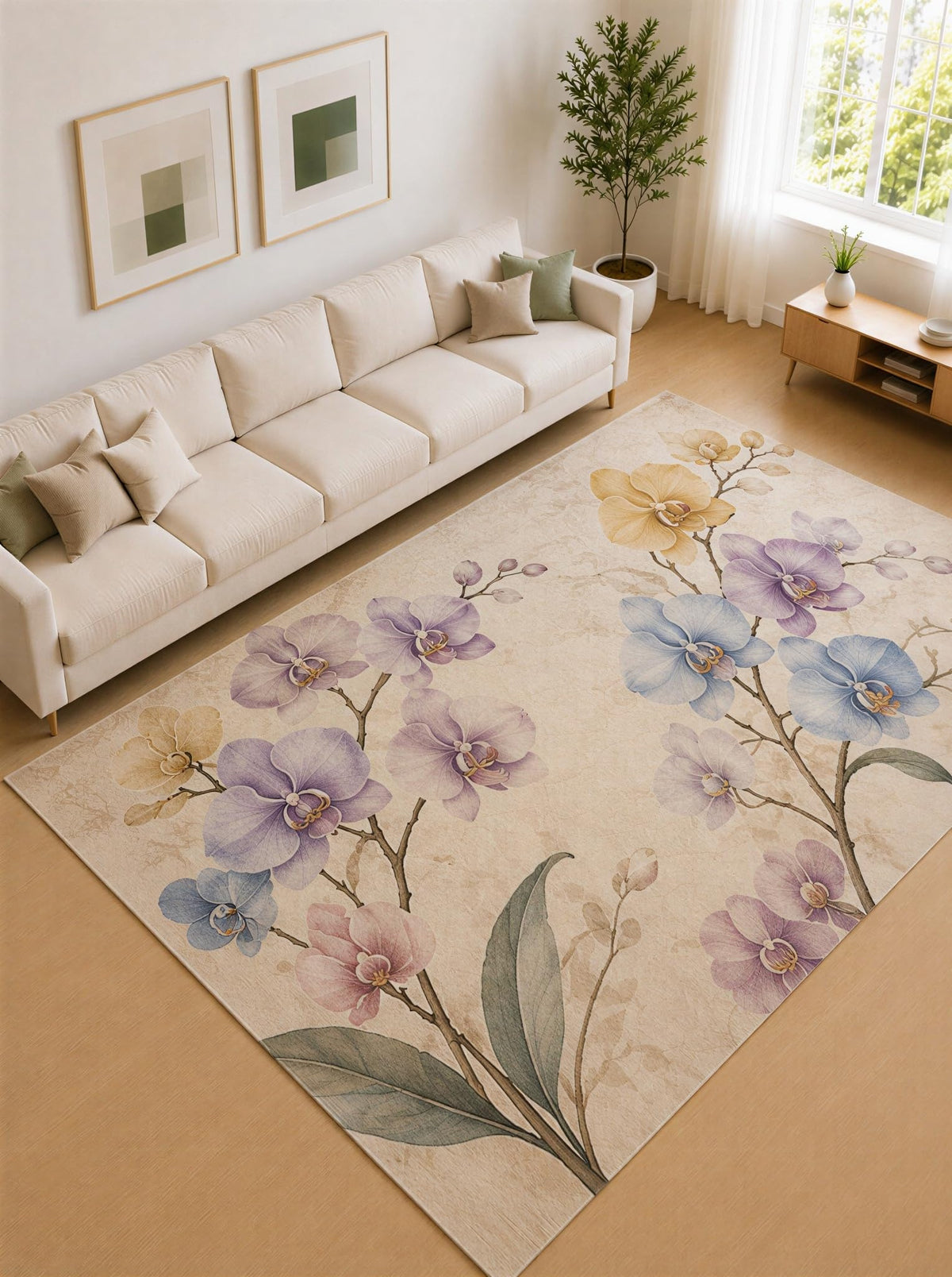 ICE ARMOR Large 6'7" x 9'10" Lavender and Sky Blue Orchid Bloom Area Rug for Living Room, Soft Low Pile Carpet with Non-Slip Silicone Backing, Decor for Bedroom and Home Office