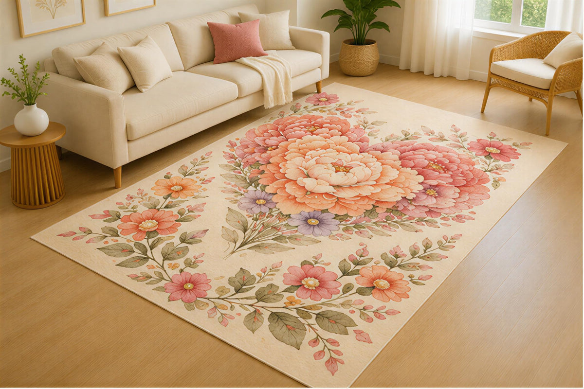 ICE ARMOR 5' x 7' Peony Heart Blossom Area Rug for Living Room, Soft Low Pile Indoor Rug with Non-Slip Silicone Backing, Floral Carpet for Bedroom, Dining Room, Family Room, Office
