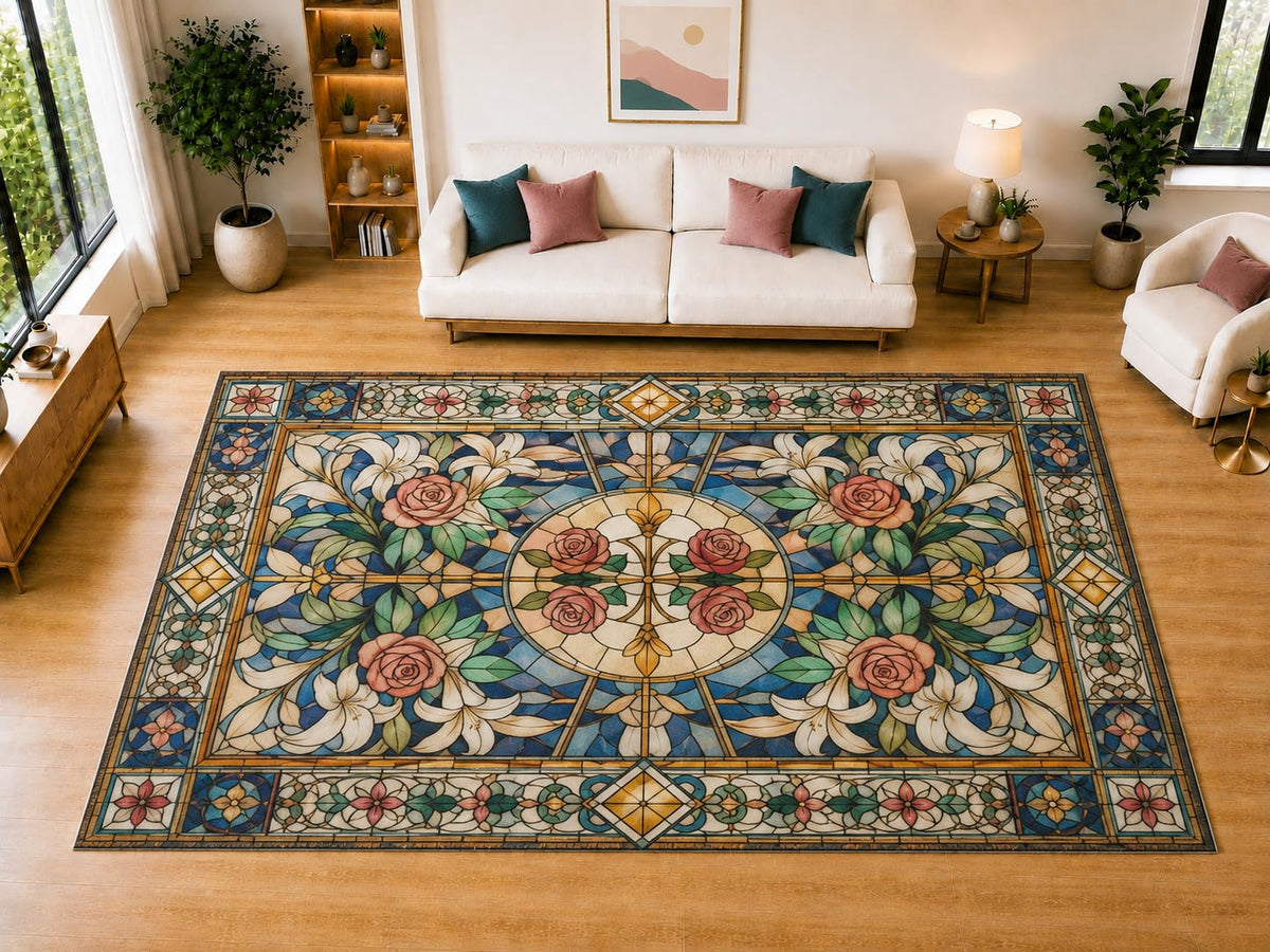 ICE ARMOR "Ultra Light Weight Large 6'7 x 9'10 Stained Glass Rose Garden Area Rug for Living Room, Dining Room, and Bedroom, Soft Low Pile Indoor Rug, Decorative Floor Accent