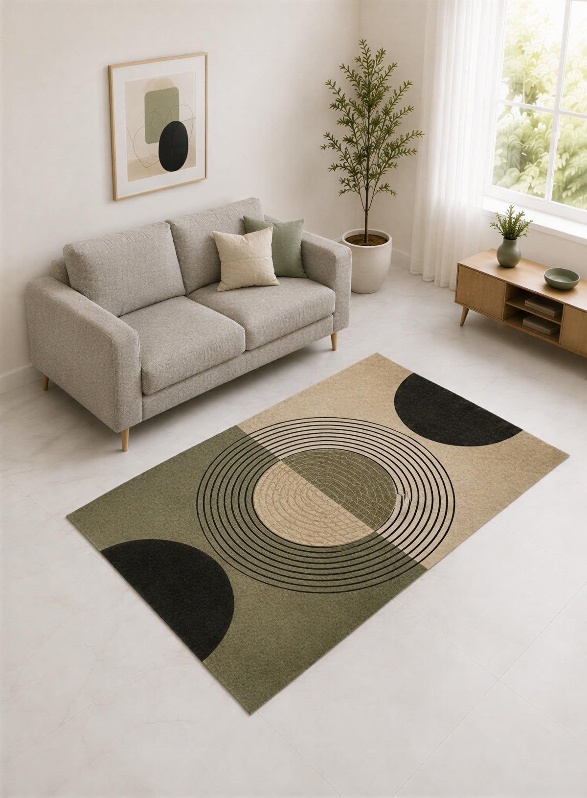 ICE ARMOR "Ultra Lightweight 5' x 7' Sage and Black Concentric Circle Geometric Area Rug for Living Room, Bedroom and Home Office, Soft Low Pile Carpet with Non-Slip Silicone Backing