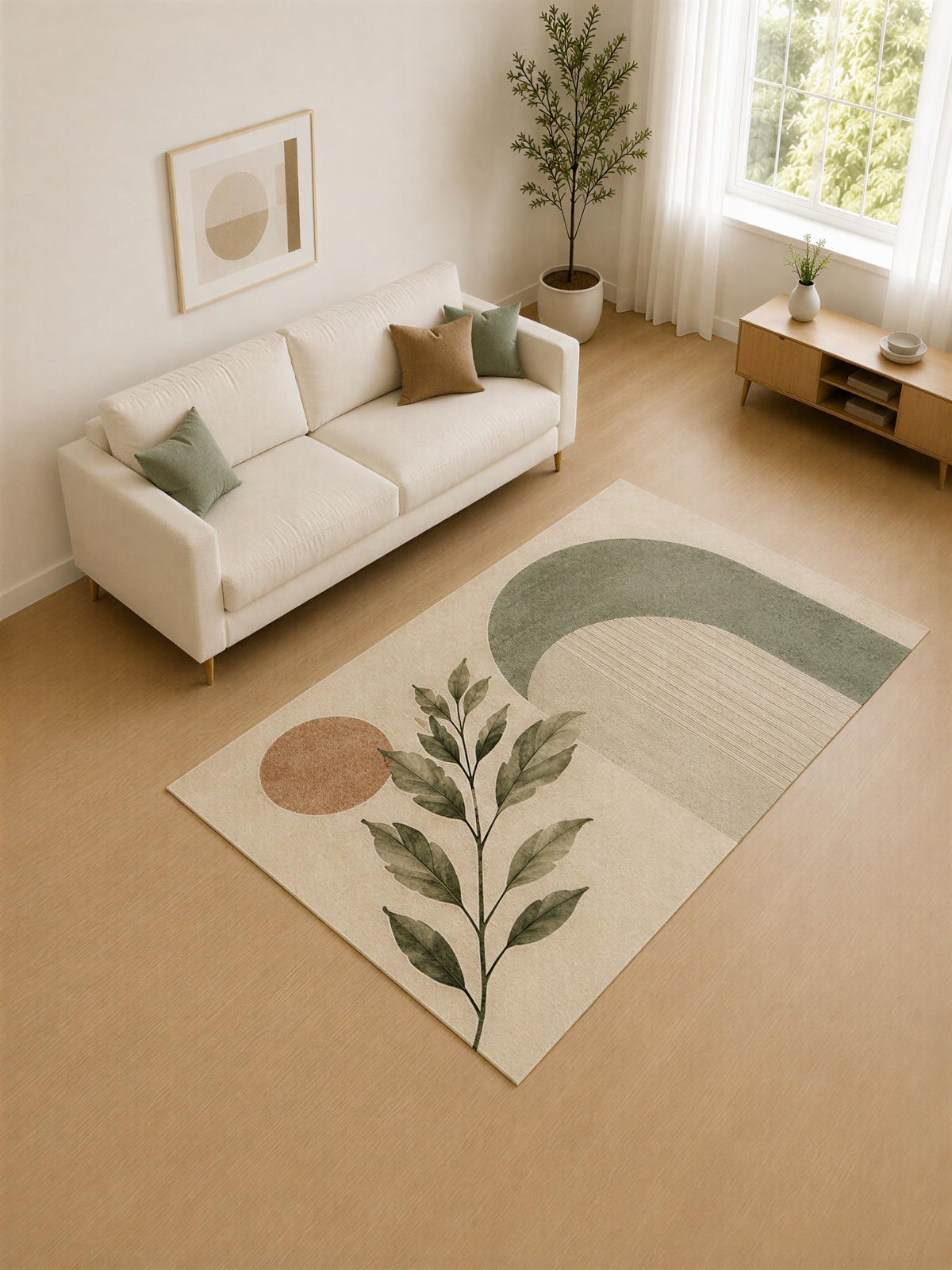 ICE ARMOR 5' x 7' Sage Green and Taupe Minimal Archway Area Rug for Living Room, Soft Low Pile Carpet with Non-Slip Silicone Backing, Decor for Bedroom and Home Office