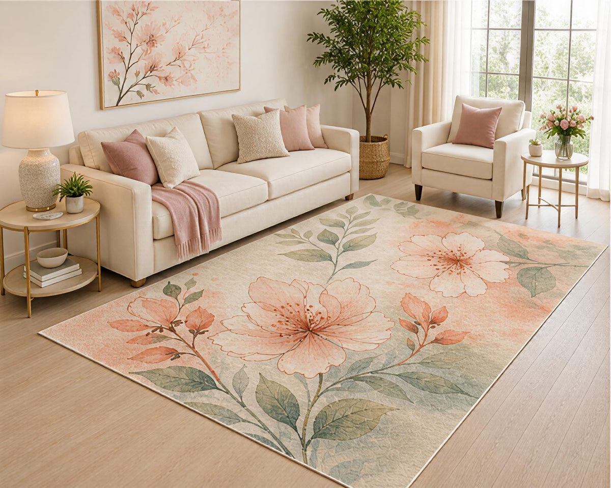 ICE ARMOR 5' x 7' Blush Floral Area Rug, Soft Pink Watercolor Botanical Flower Garden Design for Living Room Bedroom Nursery, Non-Slip Silicone Backing, Low Pile Carpet