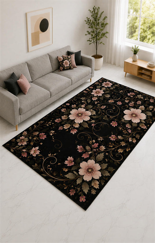ICE ARMOR "Ultra Lightweight Large 6'7" x 9'10" Black and Blush Vintage Blossom Scroll Area Rug for Living Room, Bedroom and Home Office, Soft Low Pile Carpet with Non-Slip Silicone Backing