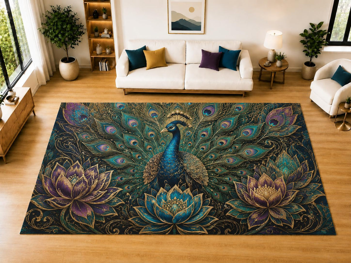 ICE ARMOR "Ultra Light Weight Large 6'7" x 9'10" Peacock Garden Area Rug for Living Room, Bedroom, Dining Room, Soft Low Pile Non-Slip Backing, Navy Teal Purple