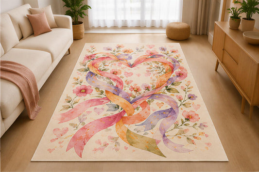 ICE ARMOR 5' x 7' Layered Floral Ribbon Heart Area Rug for Living Room, Soft Low Pile Indoor Rug with Non-Slip Silicone Backing, Romantic Carpet for Bedroom, Nursery, Kids & Pets, Cream Multicolor