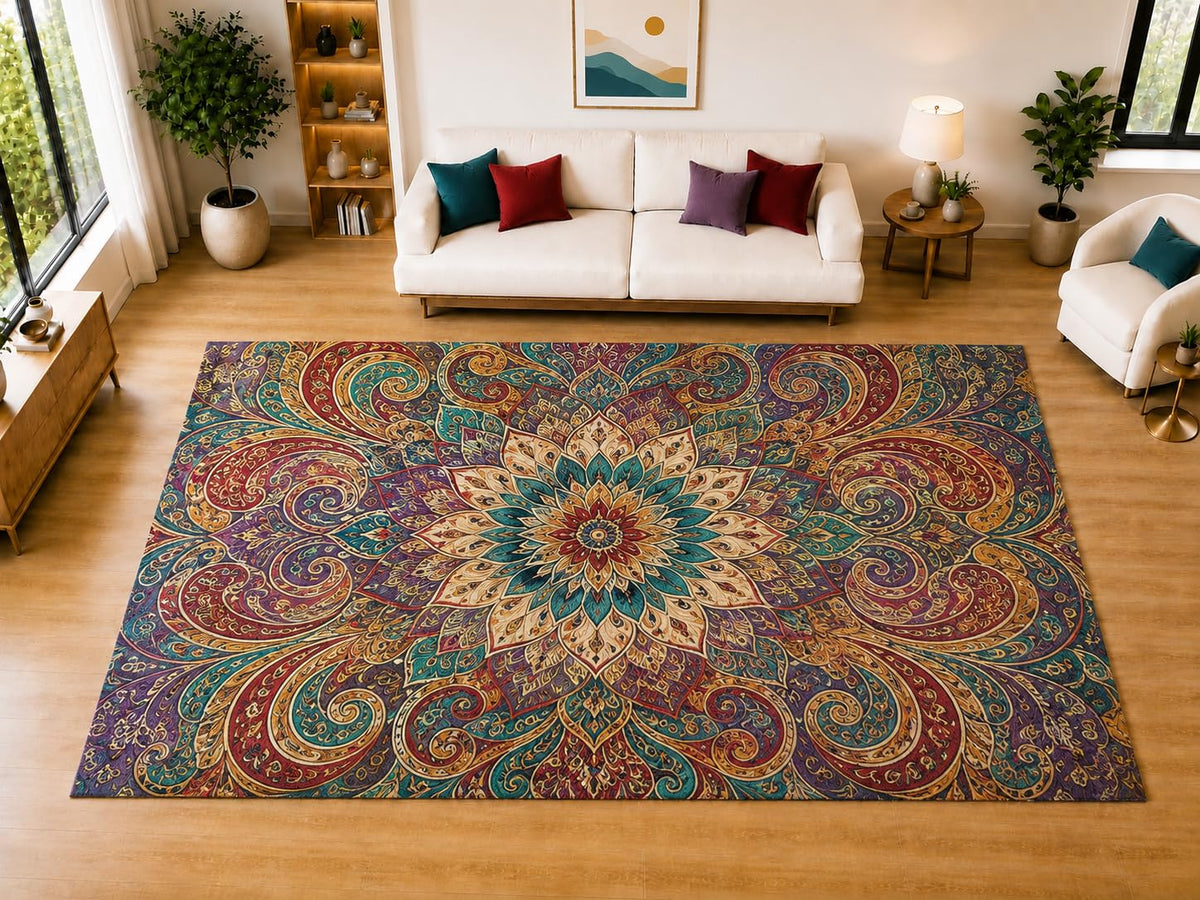 ICE ARMOR "Ultra Light Weight Large 6'7" x 9'10" Paisley Kaleidoscope Area Rug for Living Room, Bedroom, Dining Room, Soft Low Pile Non-Slip Backing, Teal Burgundy Purple