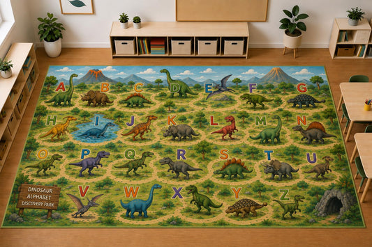 ICE ARMOR Large 6'7" x 9'10" Dinosaur Alphabet Area Rug, Soft Low Pile Indoor Rug with Non-Slip Silicone Backing for Kids Room Nursery Playroom, Green