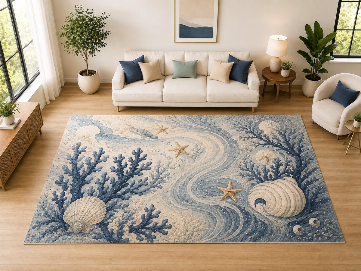 ICE ARMOR "Ultra Light Weight Large 6'7" x 9'10" Seashell Coral Waves, Living Room, Bedroom, Dining Room, Office, Family Room, Soft Low Pile Indoor Rug, Non-Slip Silicone Backing, Blue