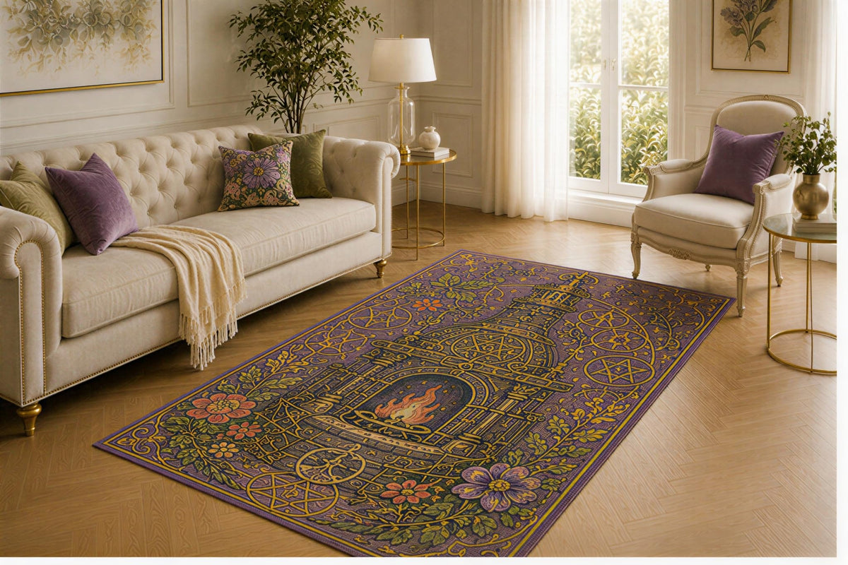 ICE ARMOR 5' x 7' Ritual Fireplace Rug, Arcane Symbols, Floral Border and Mystic Hearth Design, Smooth Printed Floor Cover for Bedroom, Study, Library and Witchcraft Inspired Home Decor
