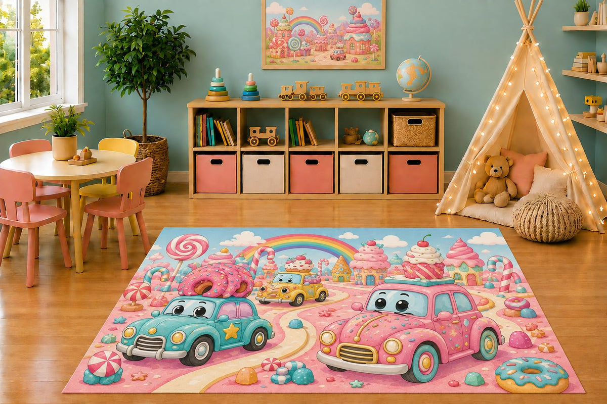 ICE ARMOR 5' x 7' Candy Land Cars Area Rug, Pastel Donut Dessert Town Sweet Treat Cartoon Cars Kids Playroom Nursery Bedroom Decor, Non-Slip Silicone Backing Low Pile