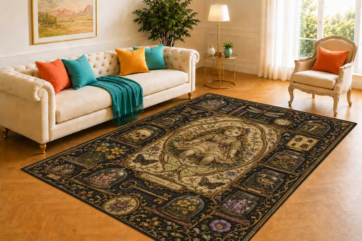 ICE ARMOR 5' x 7' Curiosity Cabinet Rug, Odd Doll Specimen and Botanical Display, Smooth Printed Floor Cover for Study, Library, Lounge and Whimsical Decor