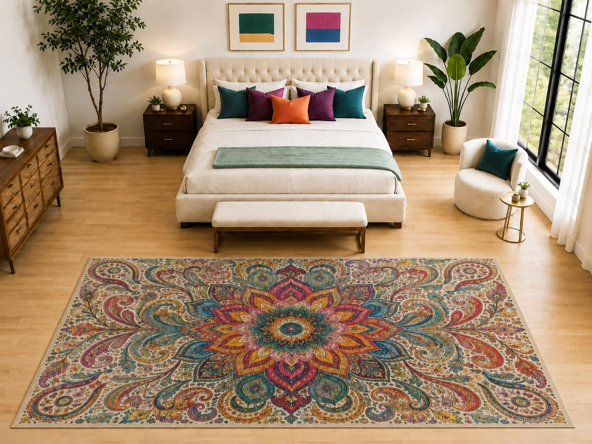 ICE ARMOR "Ultra Light Weight Large 6'7" x 9'10" Boho Paisley Mandala Rug, Soft Low Pile Indoor Rug, Non-Slip Silicone Backing for Bedroom Beige