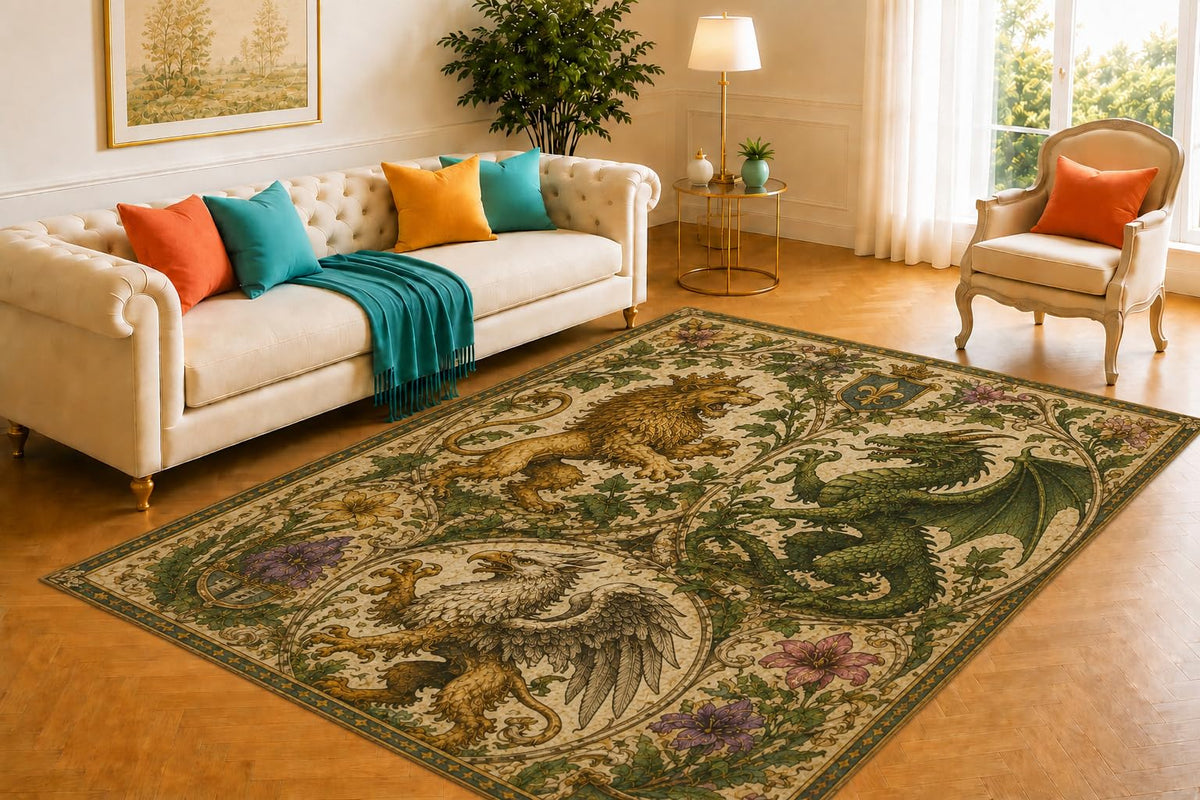 ICE ARMOR 5' x 7' Heraldic Creature Rug, Lion Dragon and Griffin Botanical Motif, Smooth Printed Floor Cover for Study, Library, Lounge and Medieval Decor