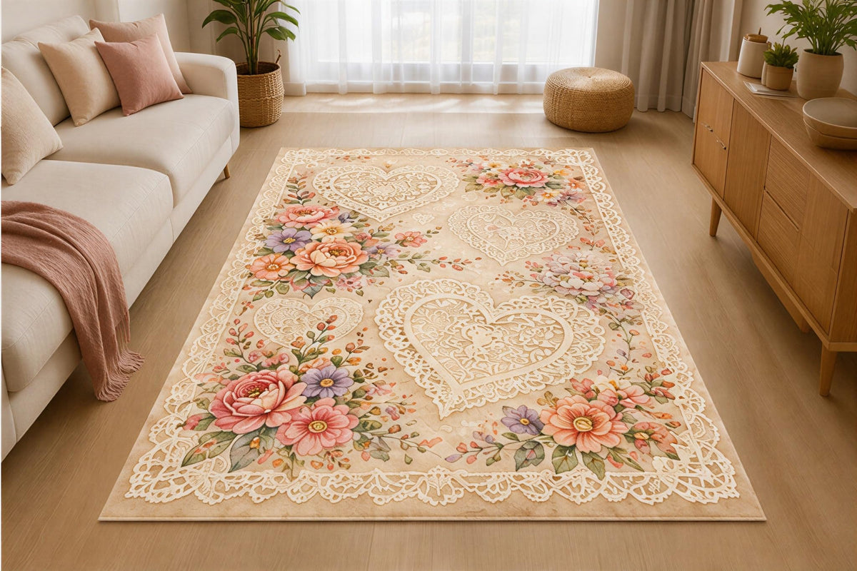 ICE ARMOR 5' x 7' Embroidered Floral Heart Grid Area Rug for Living Room, Soft Low Pile Indoor Rug with Non-Slip Silicone Backing, Decorative Carpet for Bedroom, Nursery, Kids Room, Cream Beige