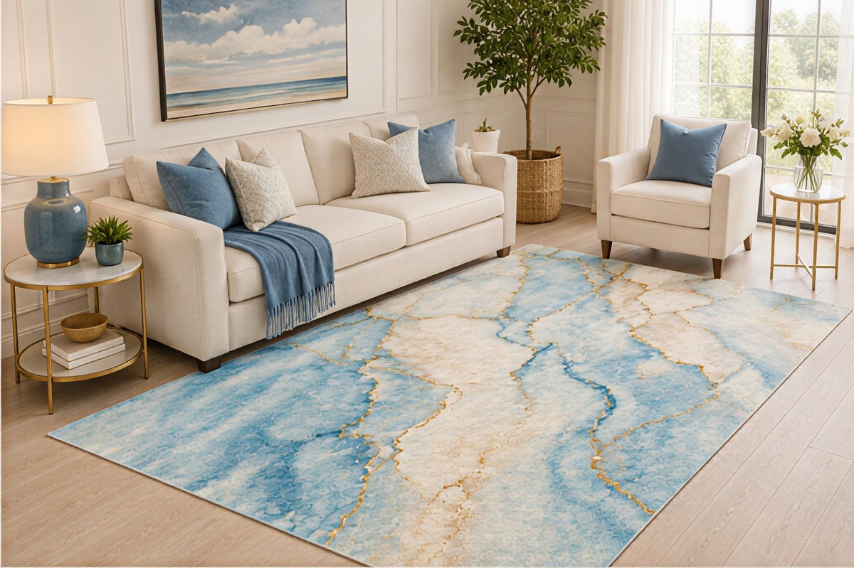 ICE ARMOR 5' x 7' Blue Marble Area Rug, Abstract Gold Vein Stone Pattern for Living Room Bedroom Dining Room, Non-Slip Silicone Backing, Low Pile Carpet