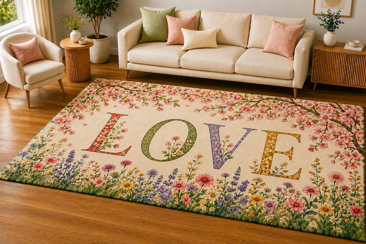 ICE ARMOR 5' x 7' Spring Wildflower Love Area Rug, Soft Low Pile Indoor Rug with Non-Slip Silicone Backing, Decorative Carpet for Living Room, Bedroom, Family Room, Beige Pink
