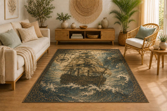 ICE ARMOR 5' x 7' Vintage Sailing Ship Area Rug, Soft Low Pile Indoor Rug with Non-Slip Silicone Backing, Decorative Carpet for Living Room, Bedroom, Dining Room, Office, Nautical Ocean Voyage