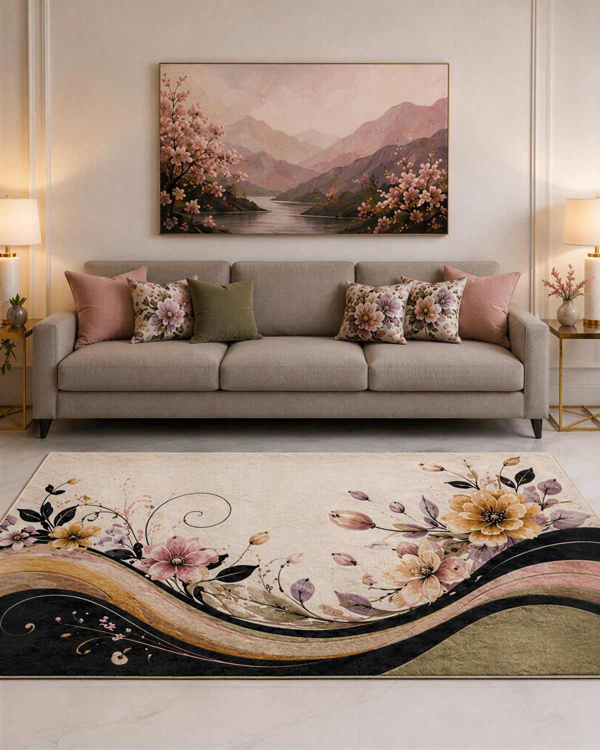 ICE ARMOR "Ultra Lightweight Large 6'7" x 9'10" Peach and Olive Floral Wave Garden Area Rug for Living Room, Bedroom and Home Office, Soft Low Pile Carpet with Non-Slip Silicone Backing