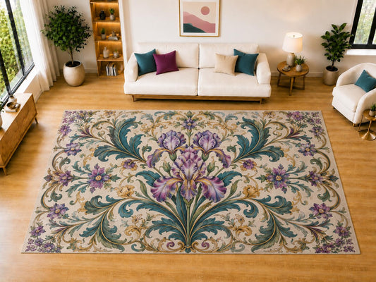 ICE ARMOR "Ultra Light Weight Large 6'7" x 9'10" Elegant Iris Scroll Area Rug for Living Room, Bedroom, Dining Room, Soft Low Pile Non-Slip Backing, Purple Teal Cream