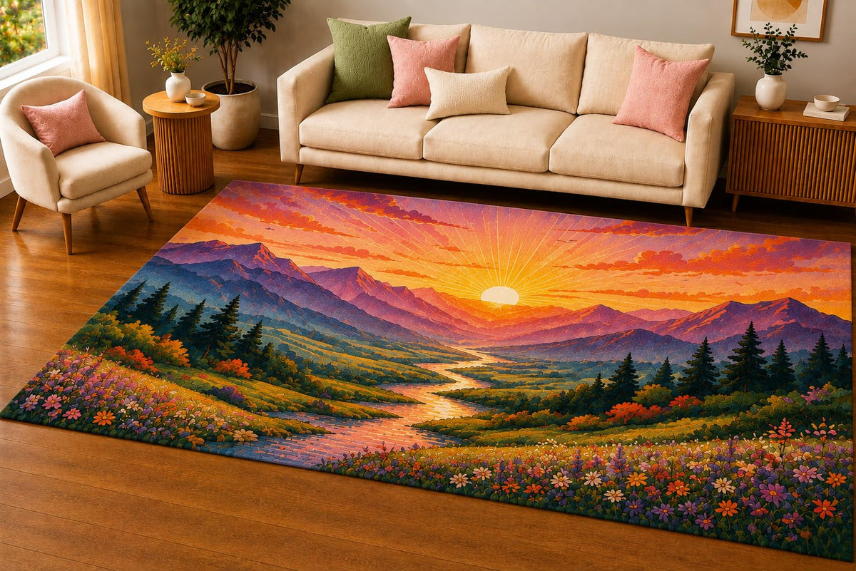 ICE ARMOR 5' x 7' Mountain Valley Sunset Area Rug, Soft Low Pile Indoor Rug with Non-Slip Silicone Backing, Scenic Carpet for Living Room, Bedroom, Office, Family Room, Purple Orange